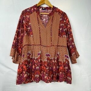 Ranna Gill Anthropologie women Sz M ¾ sleeve peasant Boho blouse red split neck